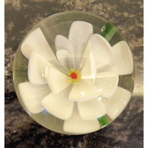 Vintage White Flower Glass Paperweight Art Decor